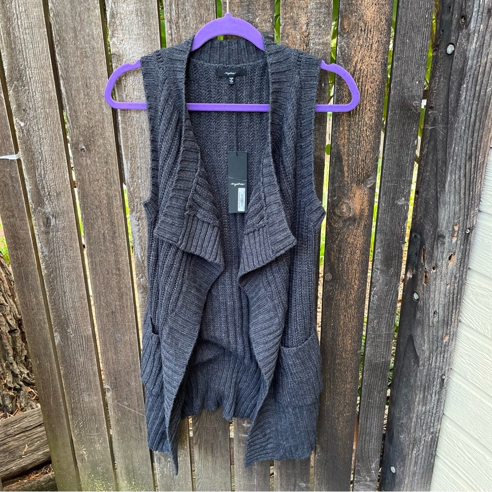 Mystree 100% Cashmere Open Sweater Vest NWT In Charcoal Gray Sz S/M